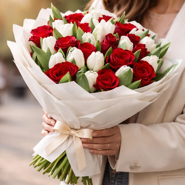 Подари ей весну - букет из белых тюльпанов и красных роз